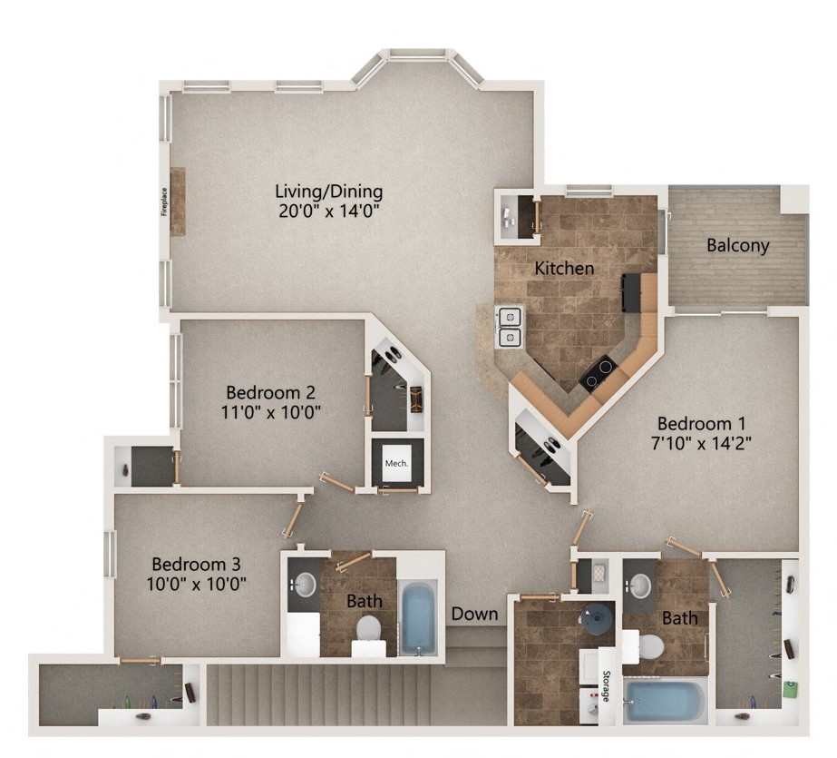 Floor plan for 3 beds, 2 baths, 1349 sqft